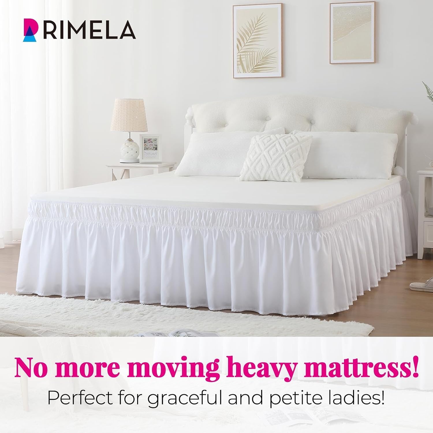 RIMELA White Bed Skirt King Size 15 Inch Drop, Elastic Bed Skirting for Bed Base and Frame, Bedding Dust Ruffle, Lightweight Wrap Around Adjustable Bedskirt, Cal King