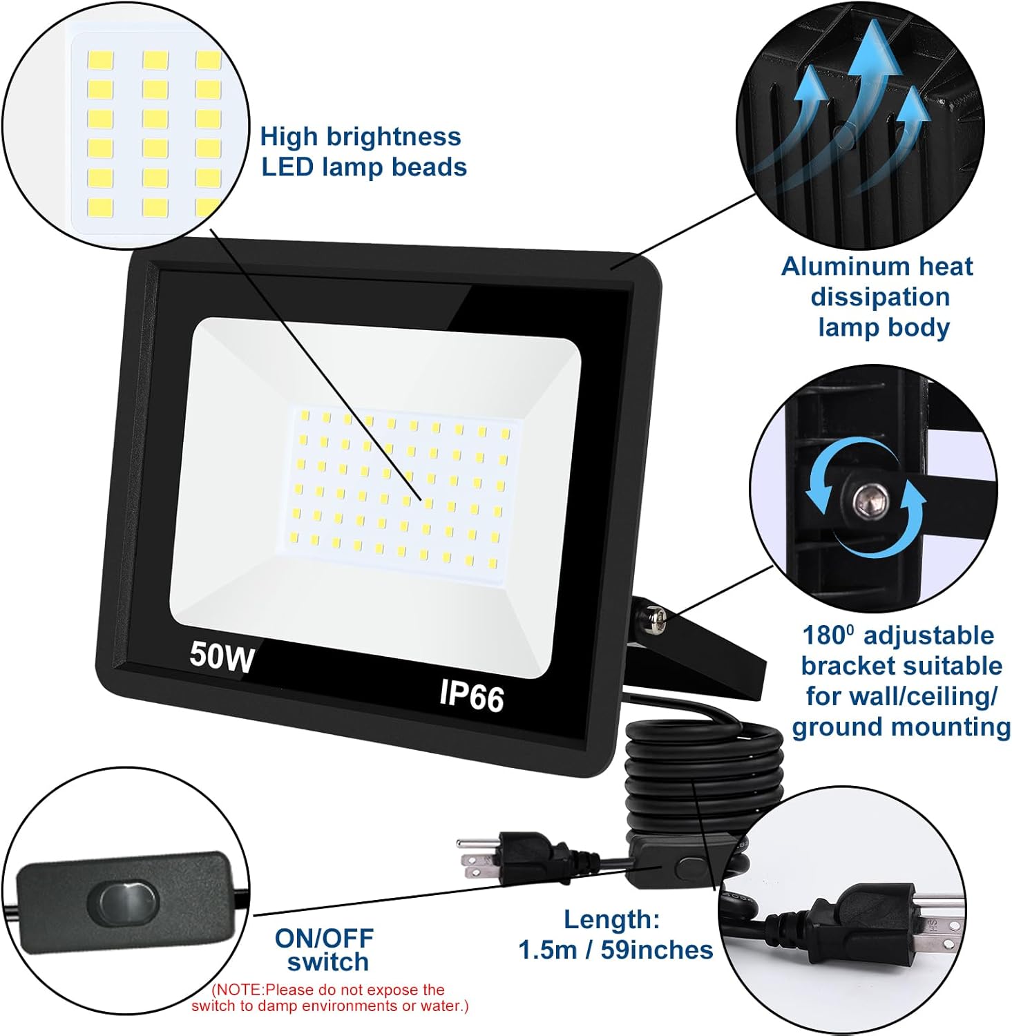 LED Flood Light Outdoor,50W LED Work Light with ON/Off Switch Plug in Security Lights IP66 Waterproof 6500K 2Pack Portable Exteriores Floodlights for Yard Garage Stadium Garden Patio