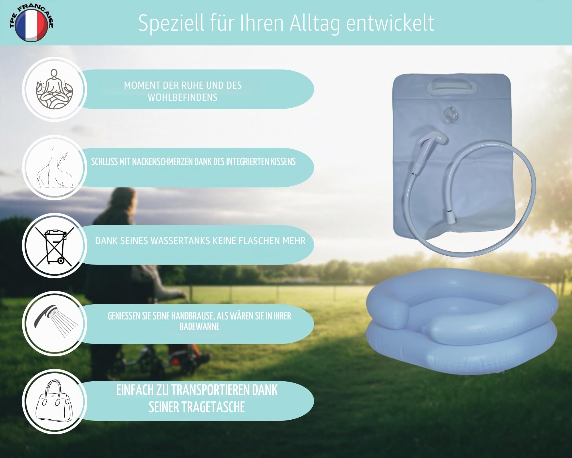 haarwaschbeck für bettlägerige mit integriertem Kissen und Wassertank, Handbrause, Haare waschen im Bett, mobile Haarwaschstation