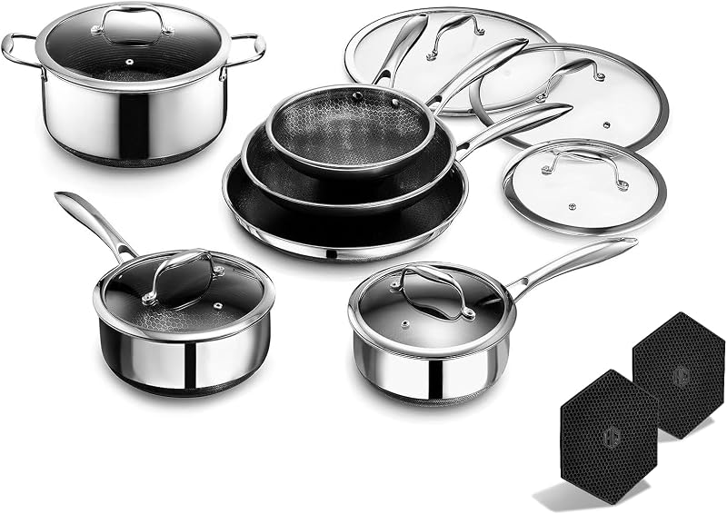 Juego de utensilios de cocina HexClad híbridos antiadherentes de 14 piezas, sartenes de 8", 10" y 12"con tapas, ollas de 2, 3 y 8 quilates con tapas y 2 remaches de silicona, mangos de refrigeración, lavavajillas y aptos para horno, listos para la inducción