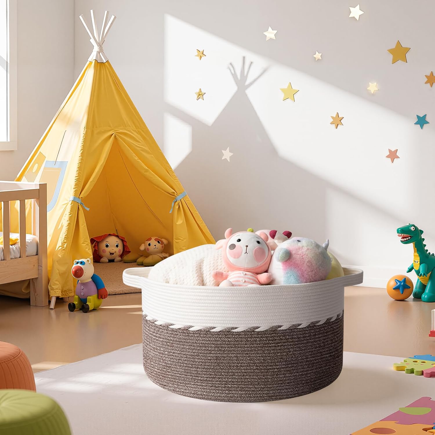 OIAHOMY 105L Blanket Basket for Living Room, Large Basket 23.6" x 23.6" x 14.6" with Handle, Laundry Hamper for Blankets, Pillows, Toy Storage for Kids, Dogs - Brown & White