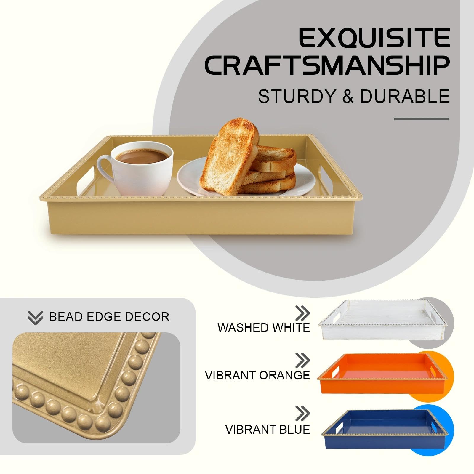 MAONAME Bandeja dorada para servir con asas, bandeja decorativa con cuentas, bandejas cuadradas de mesa de café, bandejas otomanas de plástico para sala de estar, decoración de baño, 12 x 12 x 1.4