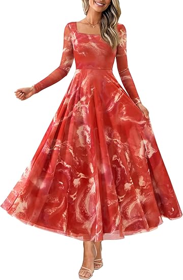 BTFBM Women Maxi Dress Fall 2025 Fashion Elegant Long Sleeve Square Neck Floral Print Party Club Wedding Guest Dresses