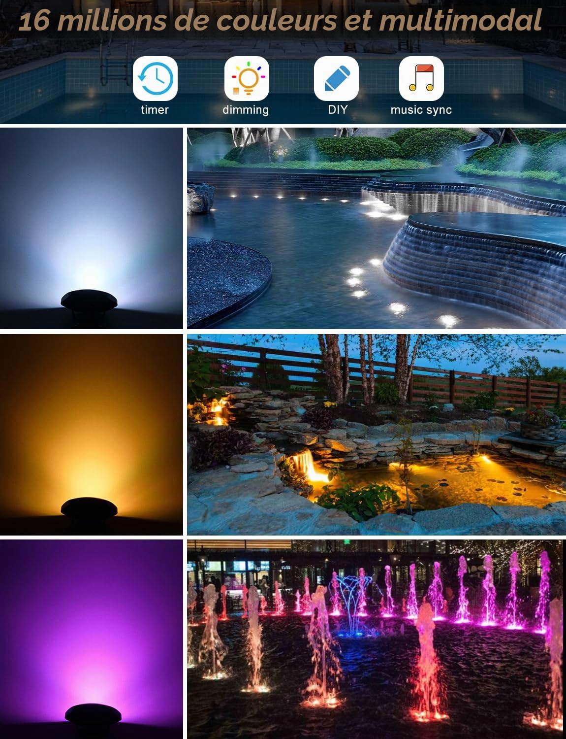 NATPOW Lumières LED Submersible RGB, Projecteurs Lampe spot avec Bluetooth APP Contrôle, IP68 Etanches Eclairage Multicolores pour Aquarium, Jardin, Cour, Piscine, Fontaine 4-en-1