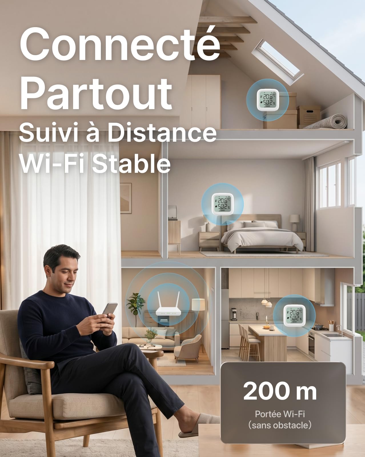Thermo-hygromètre Wi-Fi intérieur portée 200m, appareil connecté haute précision, Alertes app et export de données inclus, Contrôlez température et humidité pour chambre bébé, sous-sol, 2-Pack
