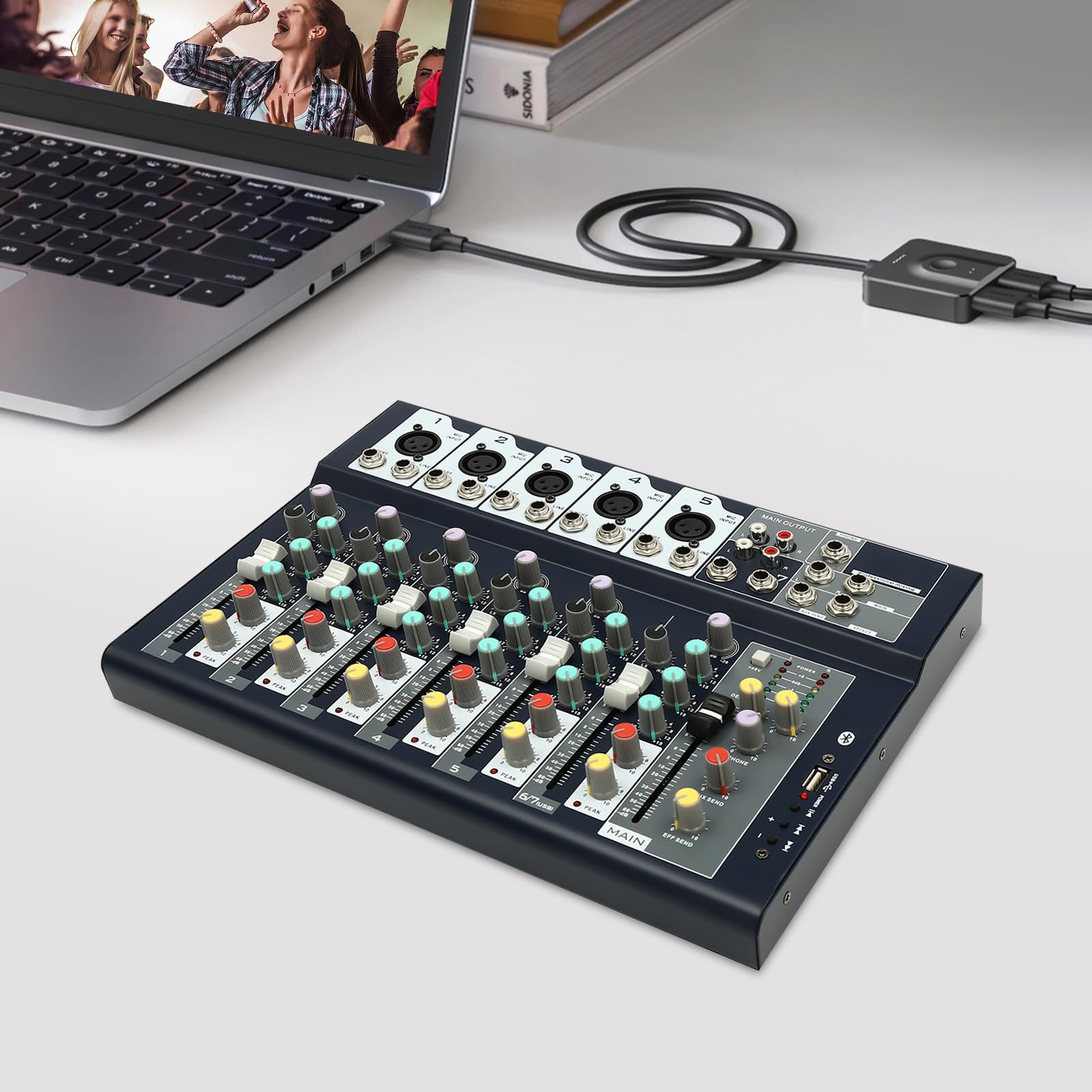 Mixer audio digitale DJ mixer per musica PC con 7 canali e connessione Bluetooth per studio e casa, ideale per musicisti e podcaster