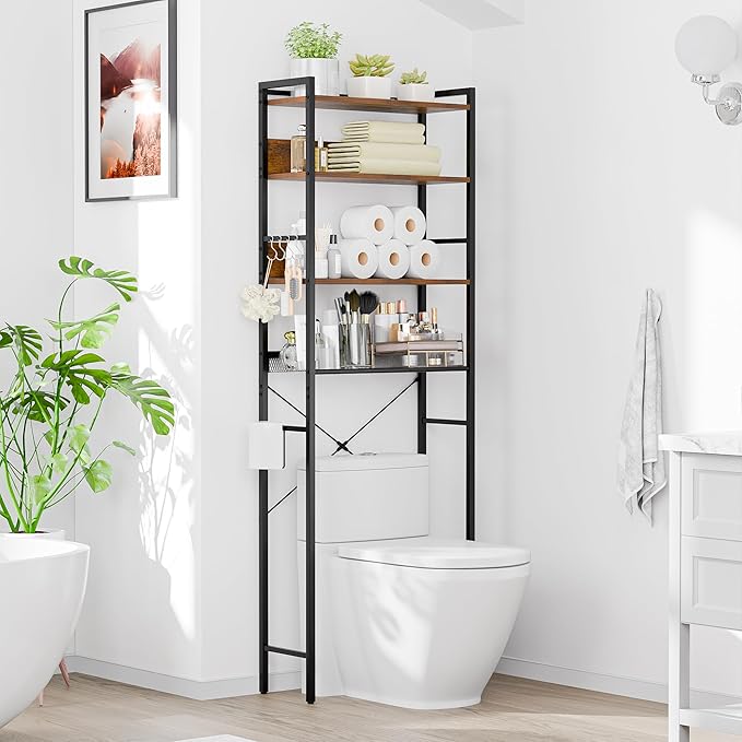 SUPER DEAL Over The Toilet Storage Shelf, 4-Tier Bathroom Organizer Space Saver Rack Wood Shelf, Rustic Brown