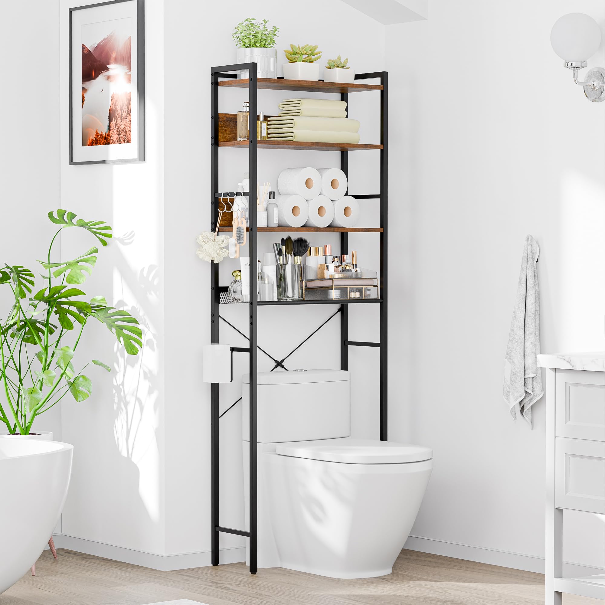 SUPER DEAL Over The Toilet Storage Shelf, 4-Tier Bathroom Organizer Space Saver Rack Wood Shelf, Rustic Brown