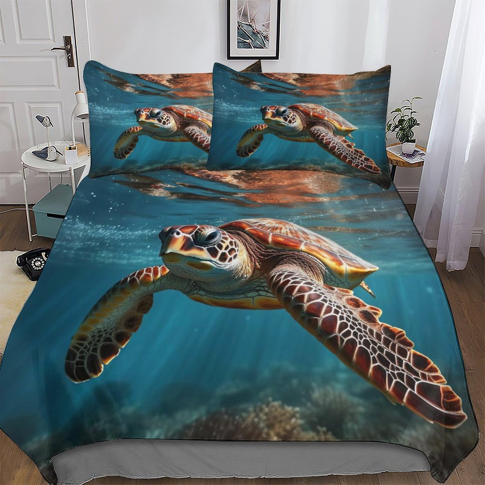 Parure de lit tortue marine 200x200 en microfibre avec 2 taies d'oreiller