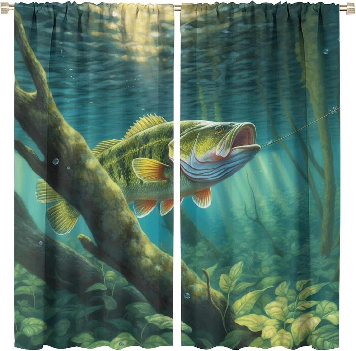 Fishing Curtains, Green Forest Pond Lake Bottom Seagrass Deadwood Fishing Bass Pattern Windows Treatments, Thermal Insulation Rod Pocket Drapes for Girls Boys Living Room Bedroom 42x45in