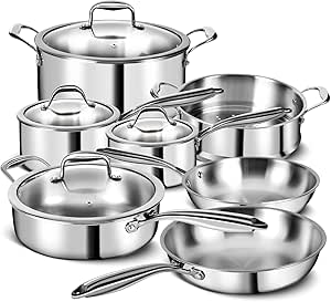 3 Ply Stainless Steel 11-Piece Cookware Set with Lids, Pots and Pans Kitchen Set, Non-Toxic, Induction, Oven, Dishwasher Safe, Professional Chef Quality