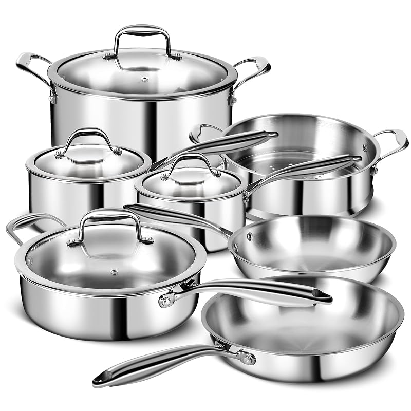 EWFEN 3 Ply Stainless Steel 11-Piece Cookware Set with Lids, Pots and Pans Kitchen Set, Non-Toxic, Induction, Oven, Dishwasher Safe, Professional Chef Quality 11 Pieces (Glass Lid)