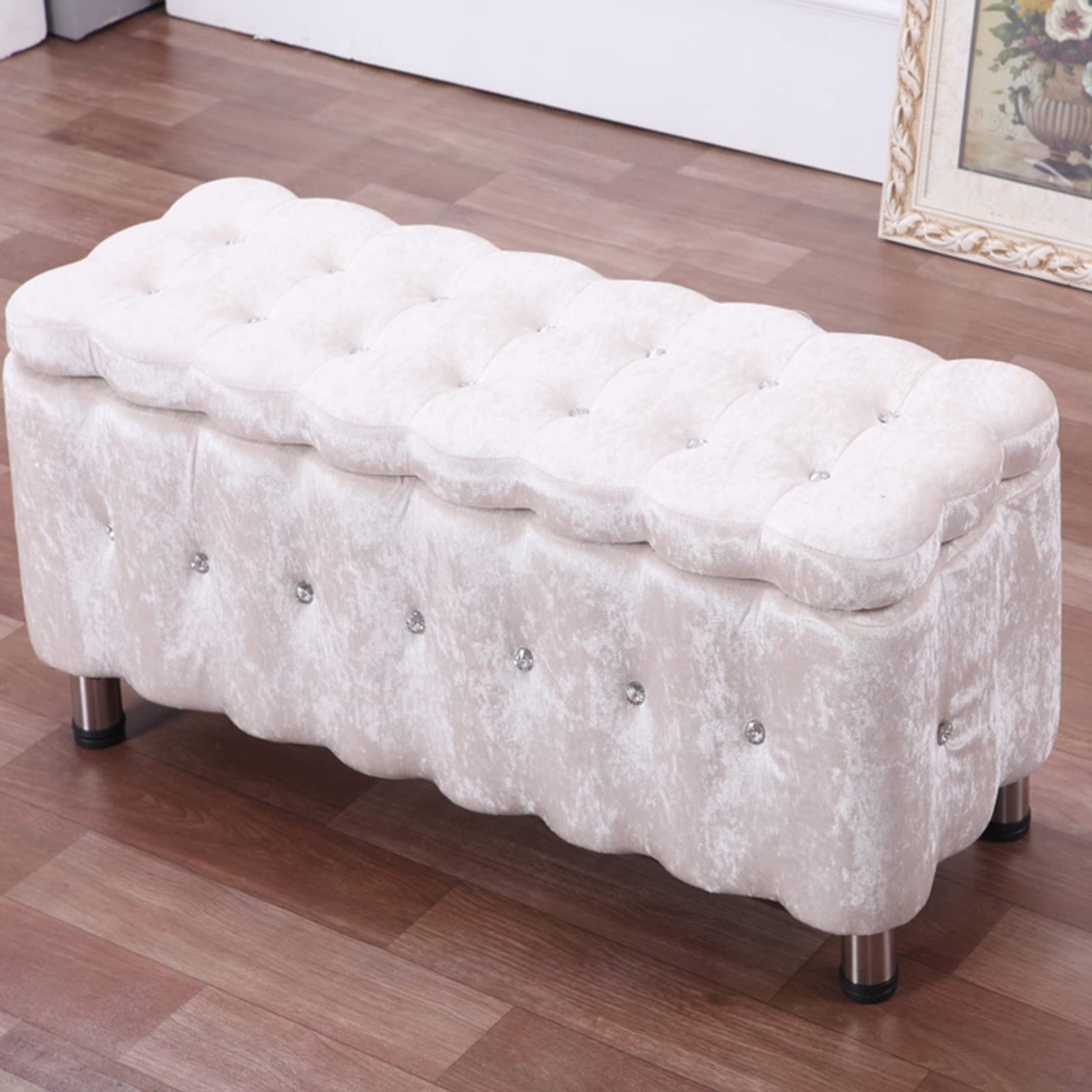 Banc de rangement en velours blanc ottoman chic avec pieds en métal de luxe 100cm