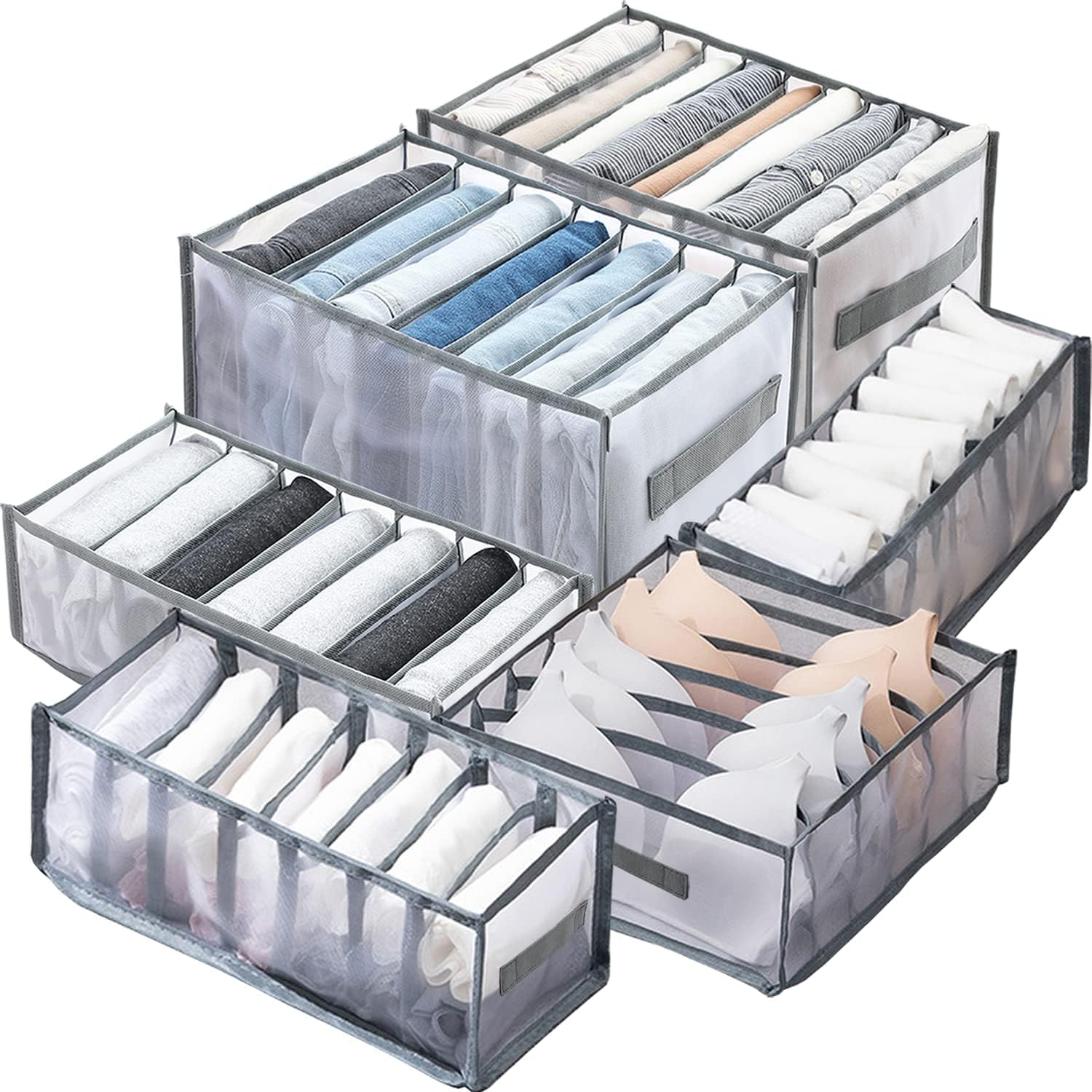 VINGER Wardrobe Clothes Organizer for Jeans, Upgraded Drawer Organizers for Clothing with Handle Foldable, Drawer Organizers Clothes for Family (6 Packs: Shirt+Jeans+T-Shirt+Bra+Underwear+Socks, Gray)
