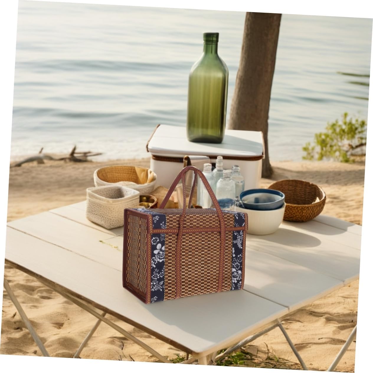 Yardwe Folding Woven Fruit Basket with Handle Portable Picnic Food Storage Basket for Outdoor Use 14.6X9.8X7.9 Inch Multipurpose Fruit and Snack Organizer