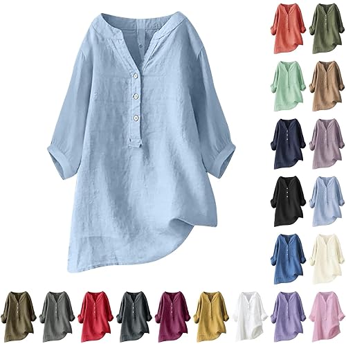 Nantdog Linen Shirts for Women Summer Beach 3/4 Length Sleeve V Neck Button Tops Dressy Casual Tunic Loose Blouse 2025