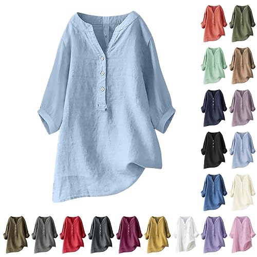 Nantdog Linen Shirts for Women Summer Beach 3/4 Length Sleeve