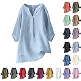 Nantdog Linen Shirts for Women 2025 Trendy Summer Tops Button 3/4 Sleeve V Neck Plus Size Beach Blouses Boho Loose Tunic