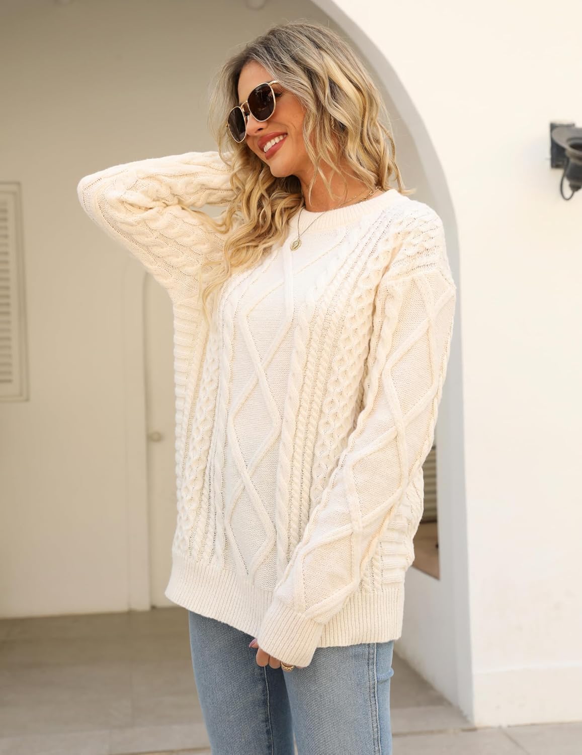 Vamtac Cable Knit Sweater Women Solid Oversized Pullover Sweaters Casual Vintage Crewneck Woven Tops - Image 3