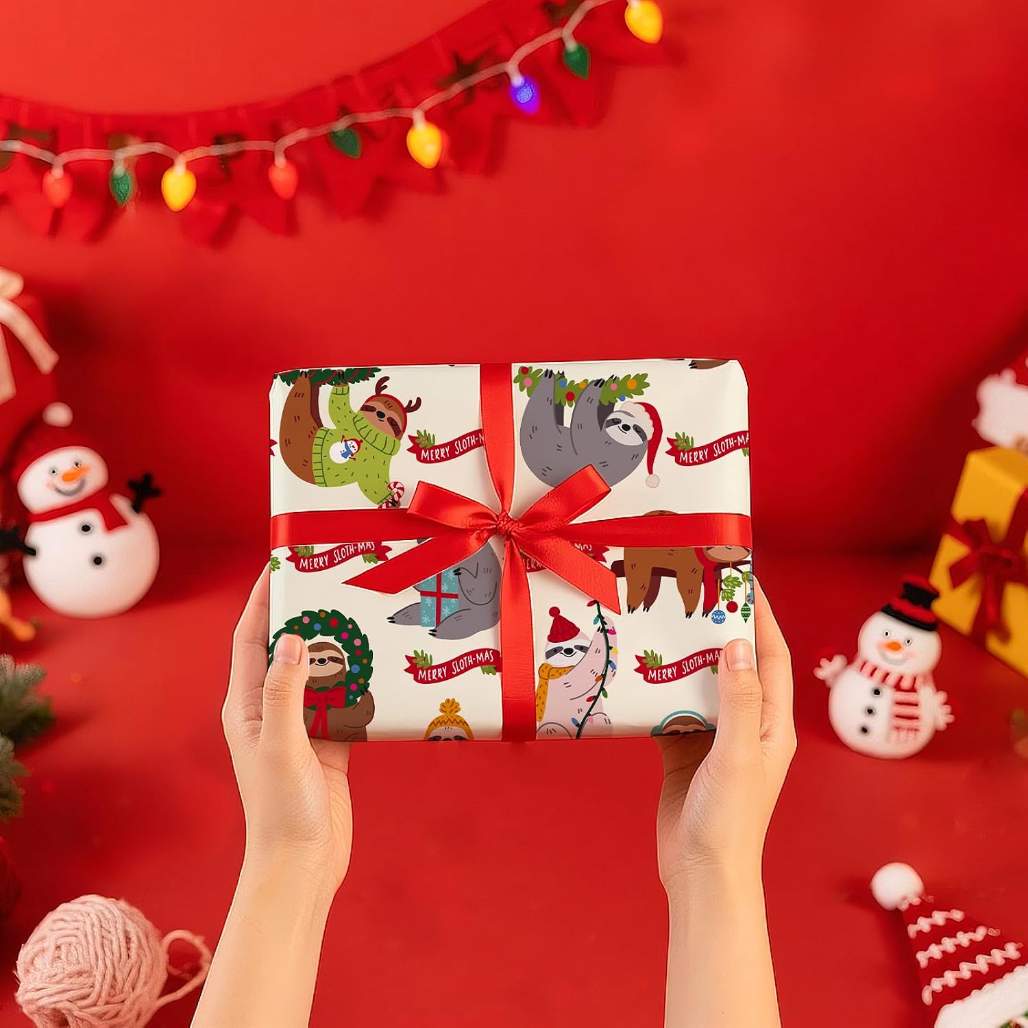 WRAPAHOLIC Sloth Christmas Wrapping Paper - Mini Roll - 17 Inch x 16.5 Feet - Festive Dressed Up Sloth Wrapping Paper for Boys Girls Kids, Christmas, Holiday, Party Celebration image 5