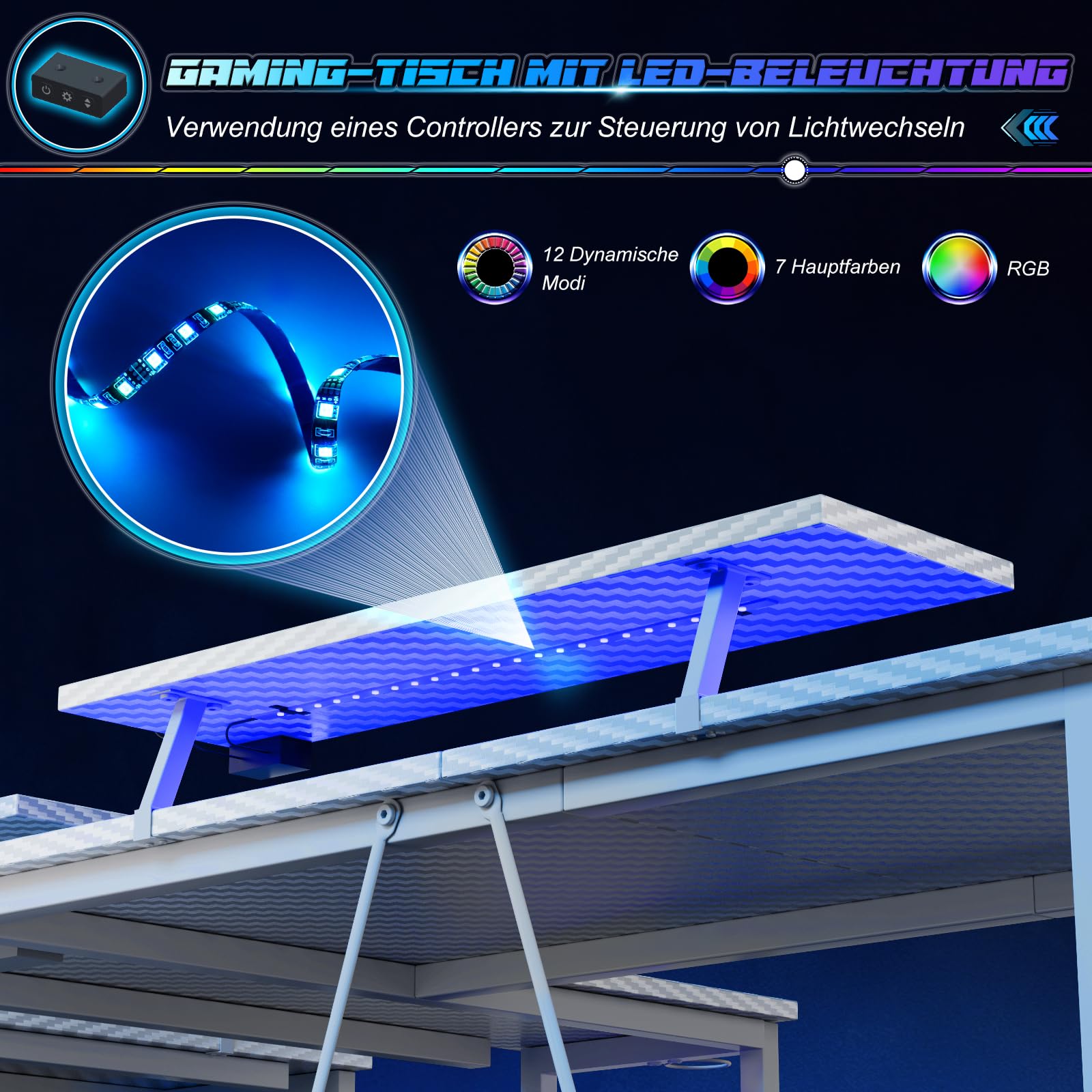 Devoko Gaming-Schreibtisch Ecke 140x80cm mit Doppel-Monitorhalterung, LED-Beleuchtung, höhenverstellbarer Ablage & Carbon-Optik Weiß