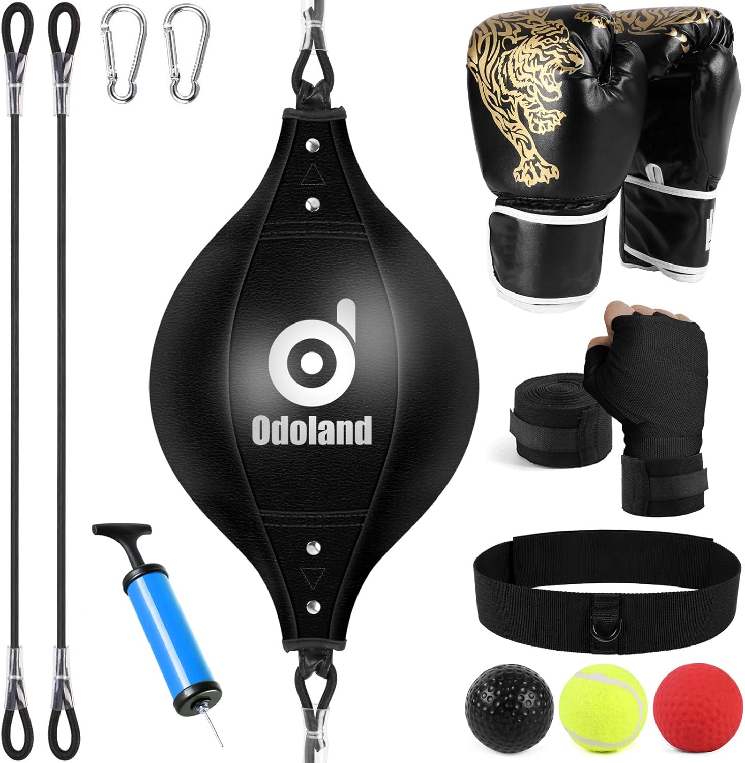 Odoland Double End Punching Ball with Boxing Reflex Ball, Punching Gloves and Palm Wrist Sleeves for Men and Women, Perfect for Home Gym Workout MMA Muay Thai Boxing Sports