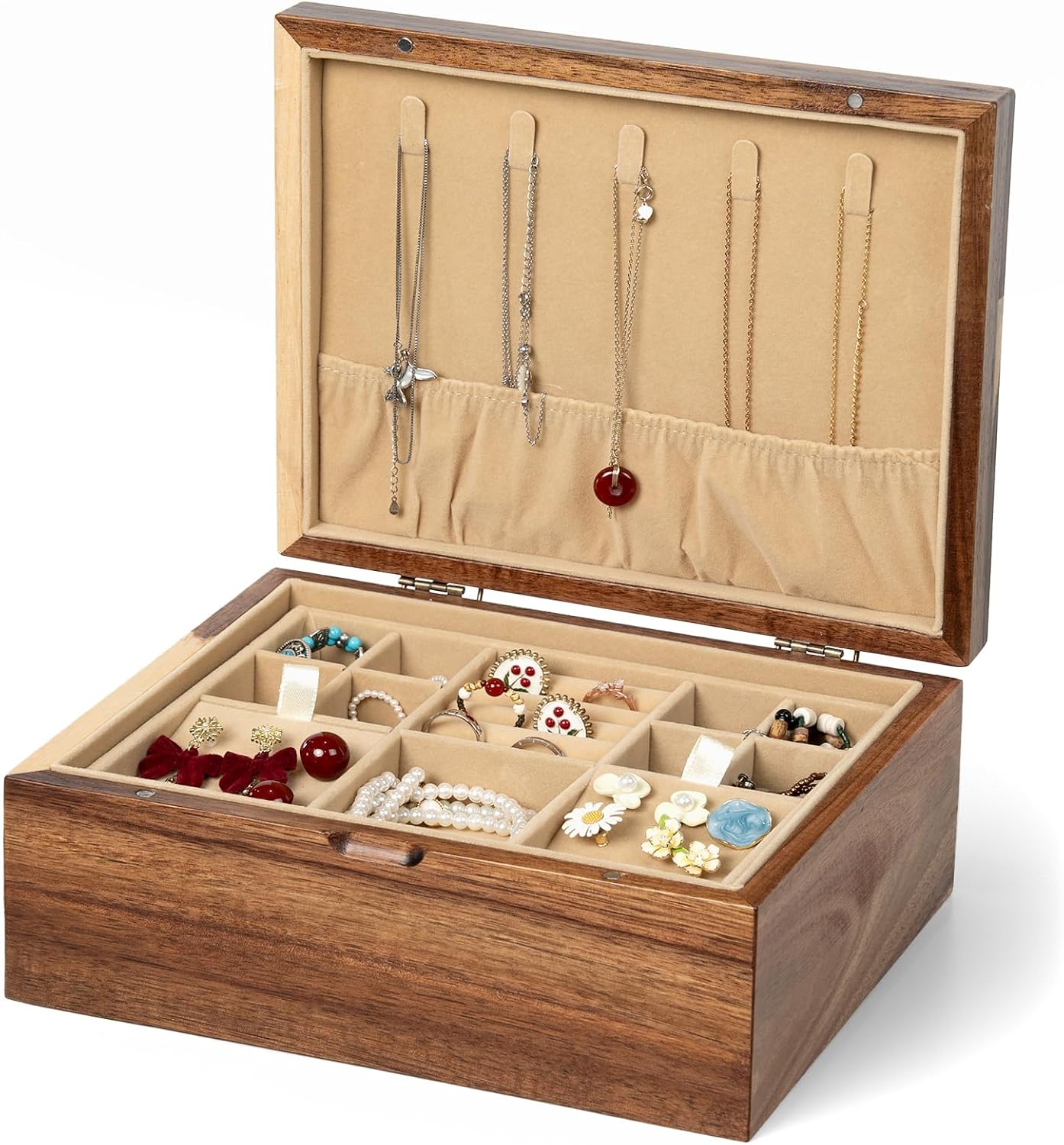 Acacia Wood Jewelry Box Organizers, Wooden Jewellery Organizer with Hinged Lids and Removable Jewelry Tray for Necklace Earring Rings and Bracelet