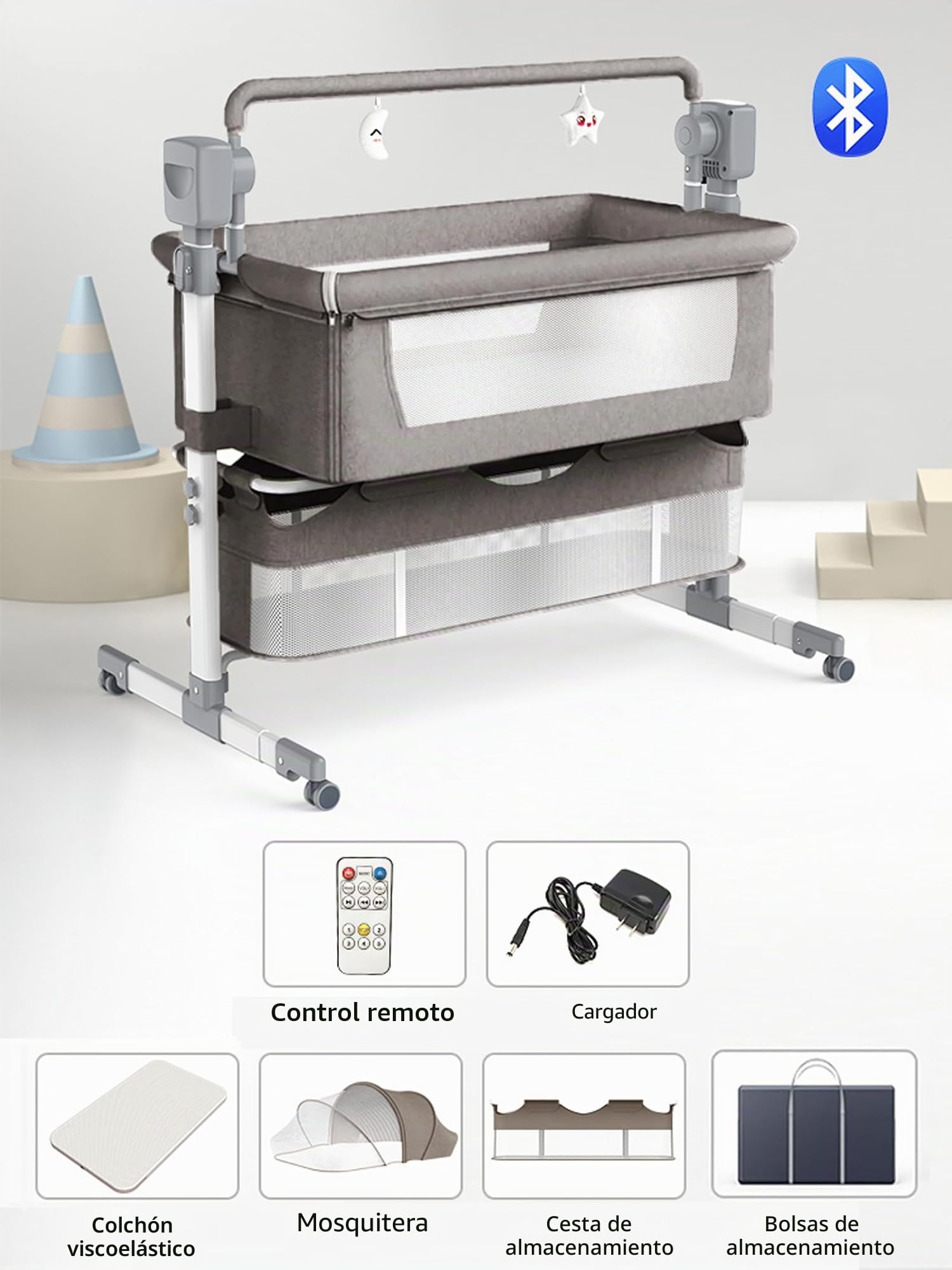 Nine point nine Eléctrico Bluetooth Inteligente Cuna Colecho, Cuna Bebe Plegable Convertible para Dormir Conjuntamente, Minicuna Colecho para Bebe con 5 Engranajes de Balanceo (601 Light Grey)