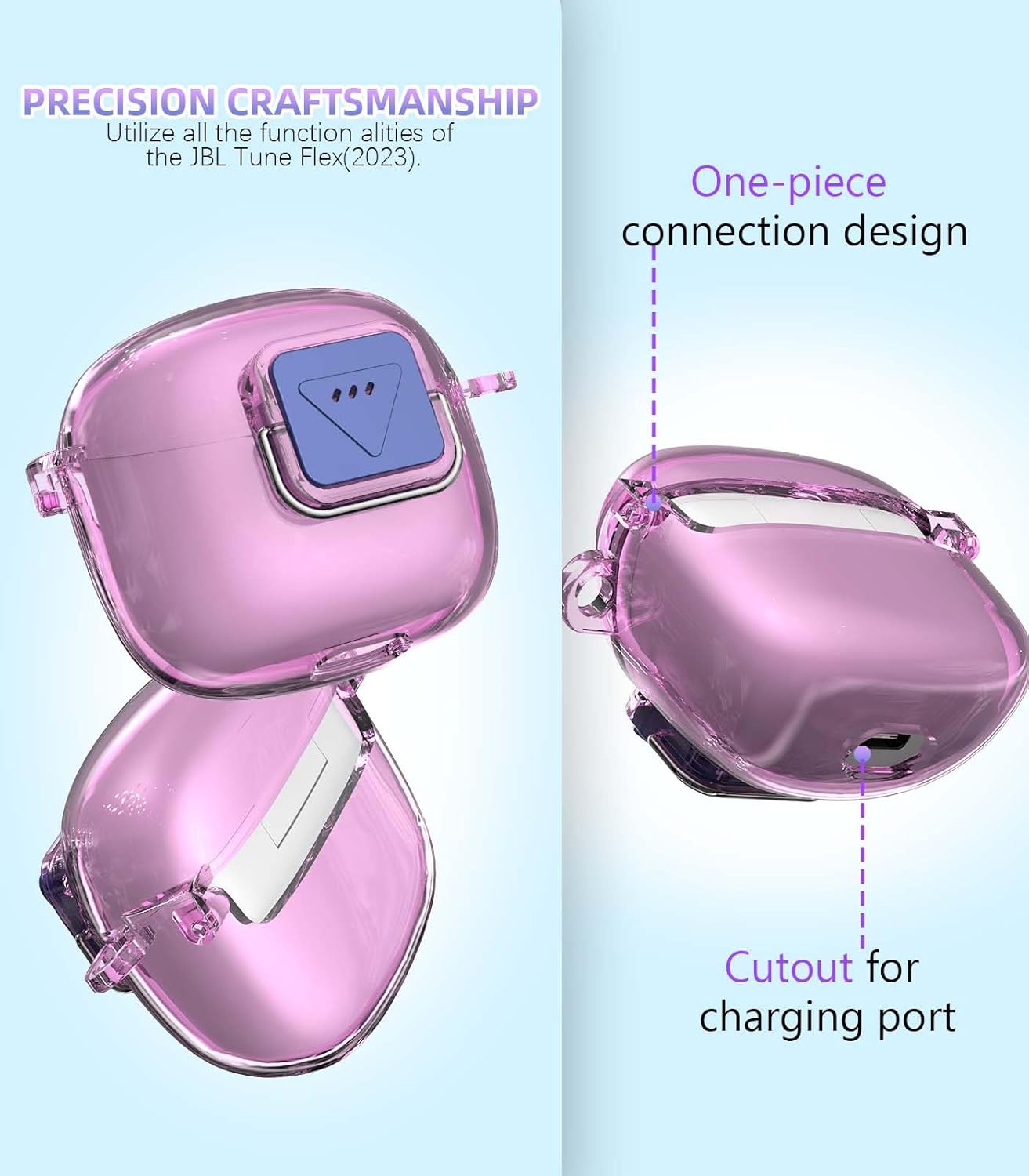 Upgrade Secure Lock for JBL Tune Flex 2 Case Cover with Cleaner kit, Clear TPU Protective Cover with JBL Tune Flex 2 True Wireless Noise Cancelling Earbuds Charging Case with Carabiner-Clear Pink - Image 4