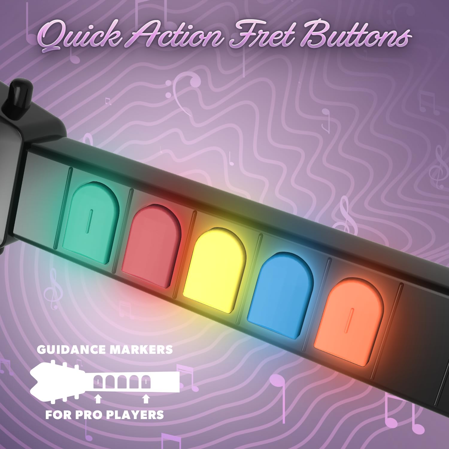 Close-up of the quick-action fret buttons on the guitar controller