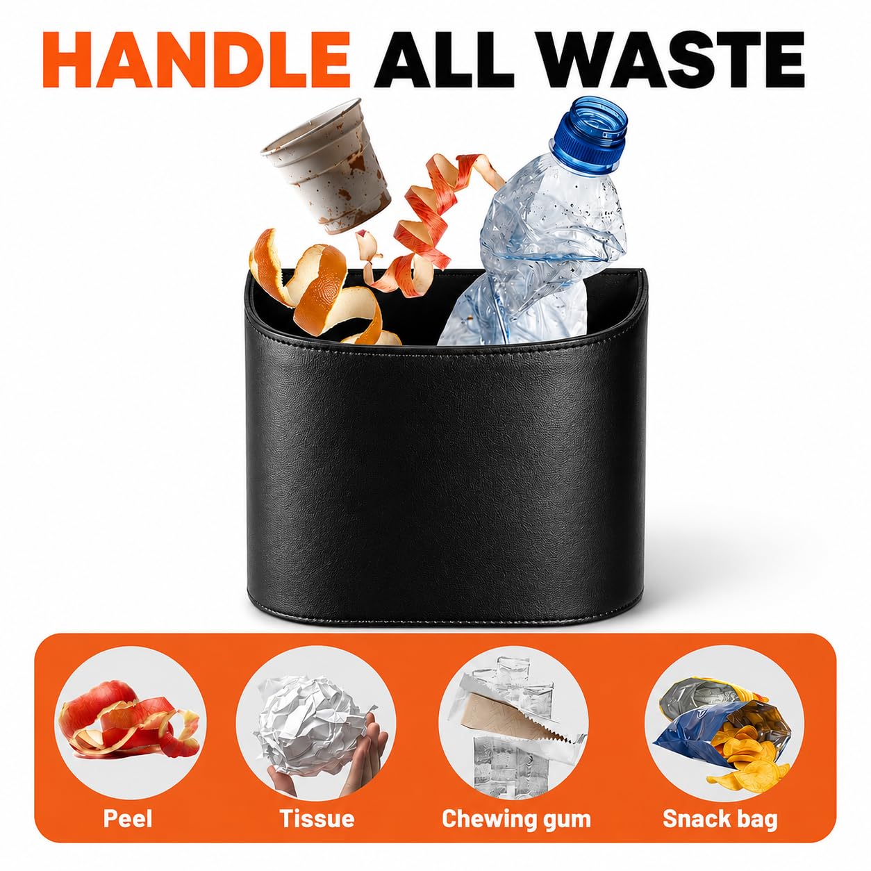 COZILO Leather Car Trash Can – Leakproof & Easy-to-Clean Car Garbage Can for Luxury Cars, SUVs & Trucks | Includes 60 Custom Liners, Secure Hook, Easy Install, Black
