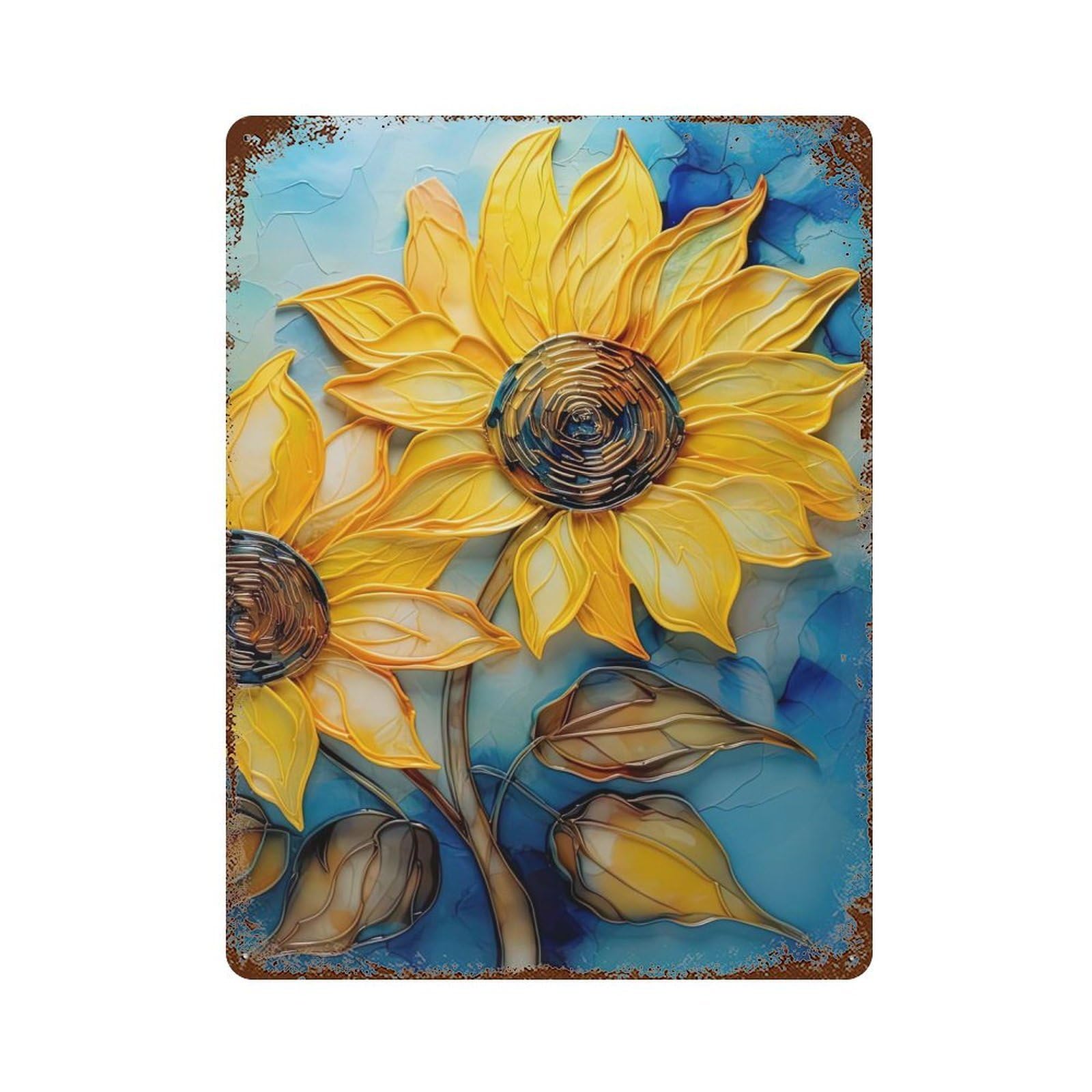 Sunflower ART Vintage Wall Sign 15.7"x11.8", Rust Effect Metal Decor for Basement, Hobby Room And Garage Decor