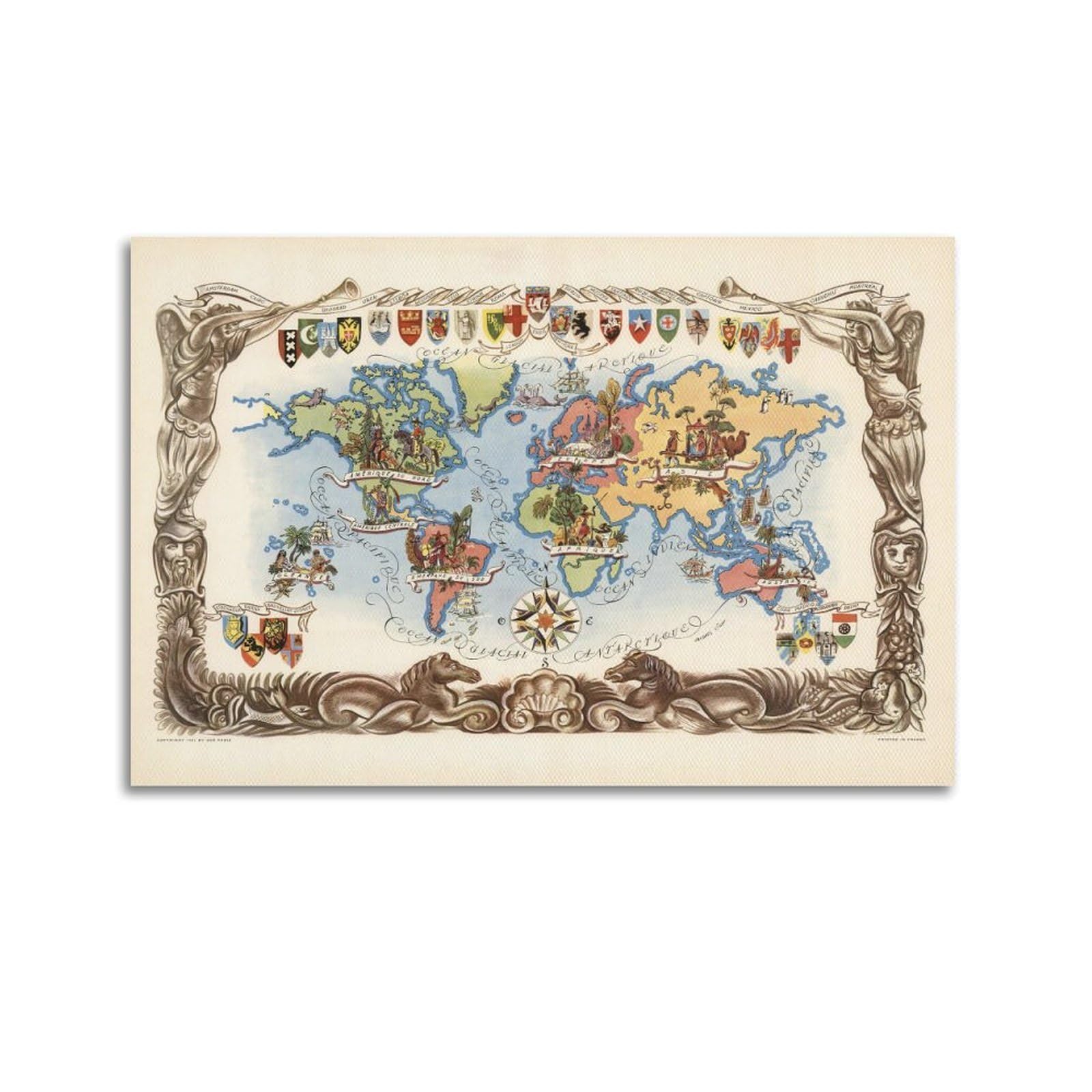 OKAHYS Vintage Travel Poster 1951 Map of World Decorative Painting Canvas Wall Artworks Picture 20x30inch(50x75cm)