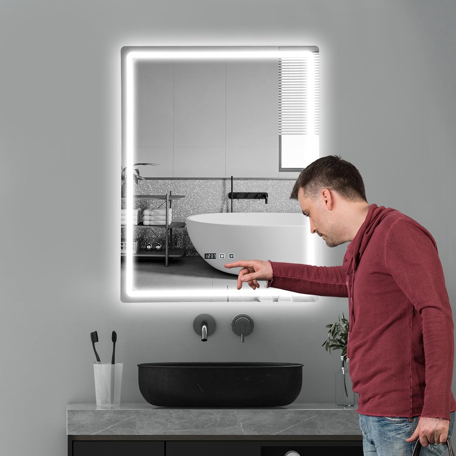 LED Bathroom Mirror with Lights Dimmable Anti-Fog Mirror Wall Mounted Vanity Mirror Touch Control Time Display Fog Free Memory Function for Makeup Shaving
