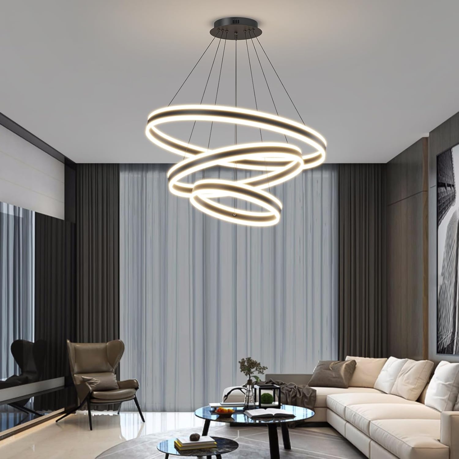 3 Ring Circular LED Pendant Chandelier, Modern Black Ceiling Light, Dimmable 3000K-6500K Hanging Light Fixture for Dining Room, Kitchen Island, Living Room, Studyroom, with Remote Control