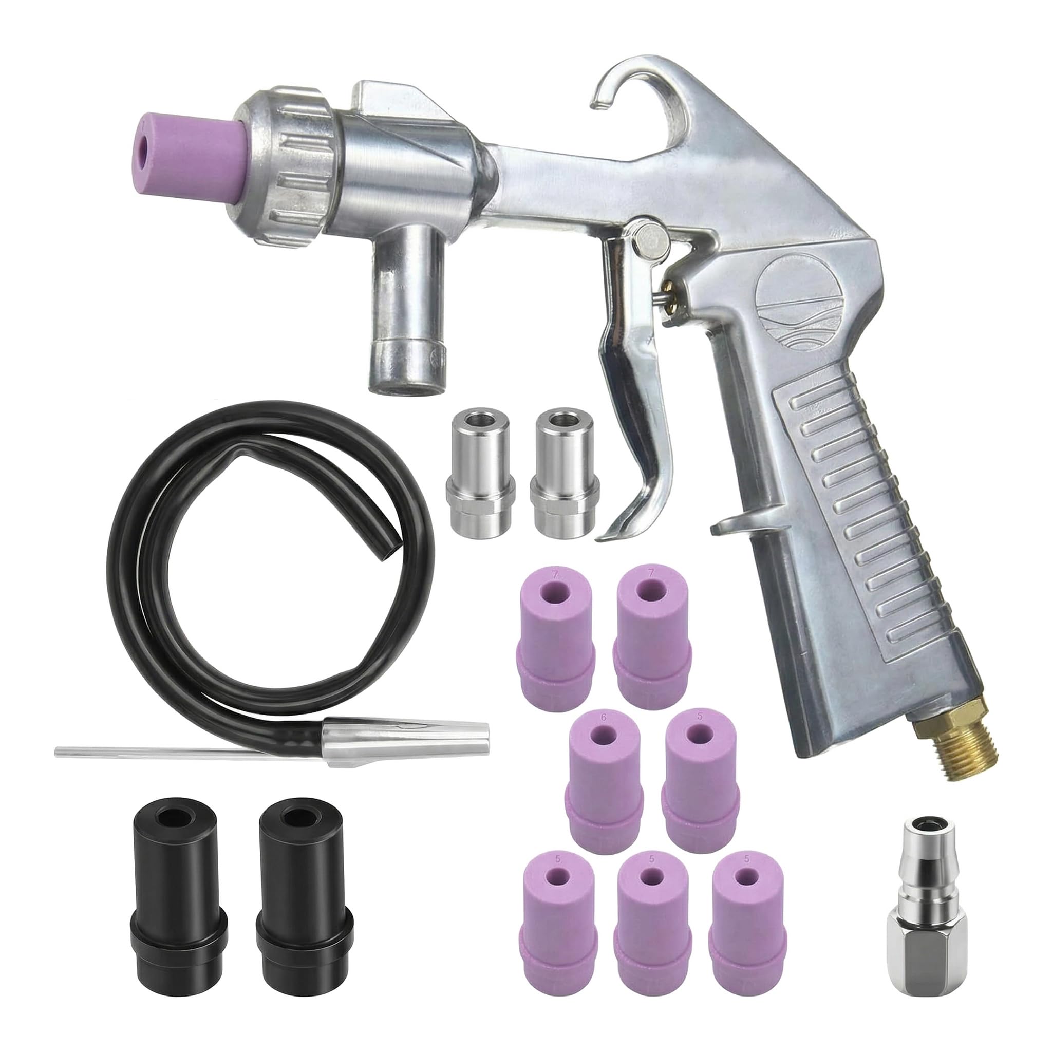 Sandstrahlpistole Set Druckluft, Sandstrahlen Pistole Kit mit 1m Gummischlauch, verschiedenen Düsen und Luftanschlussnippel, zum Sandstrahlen für Auto, Rostentfernung und Heimwerker, Aluminium