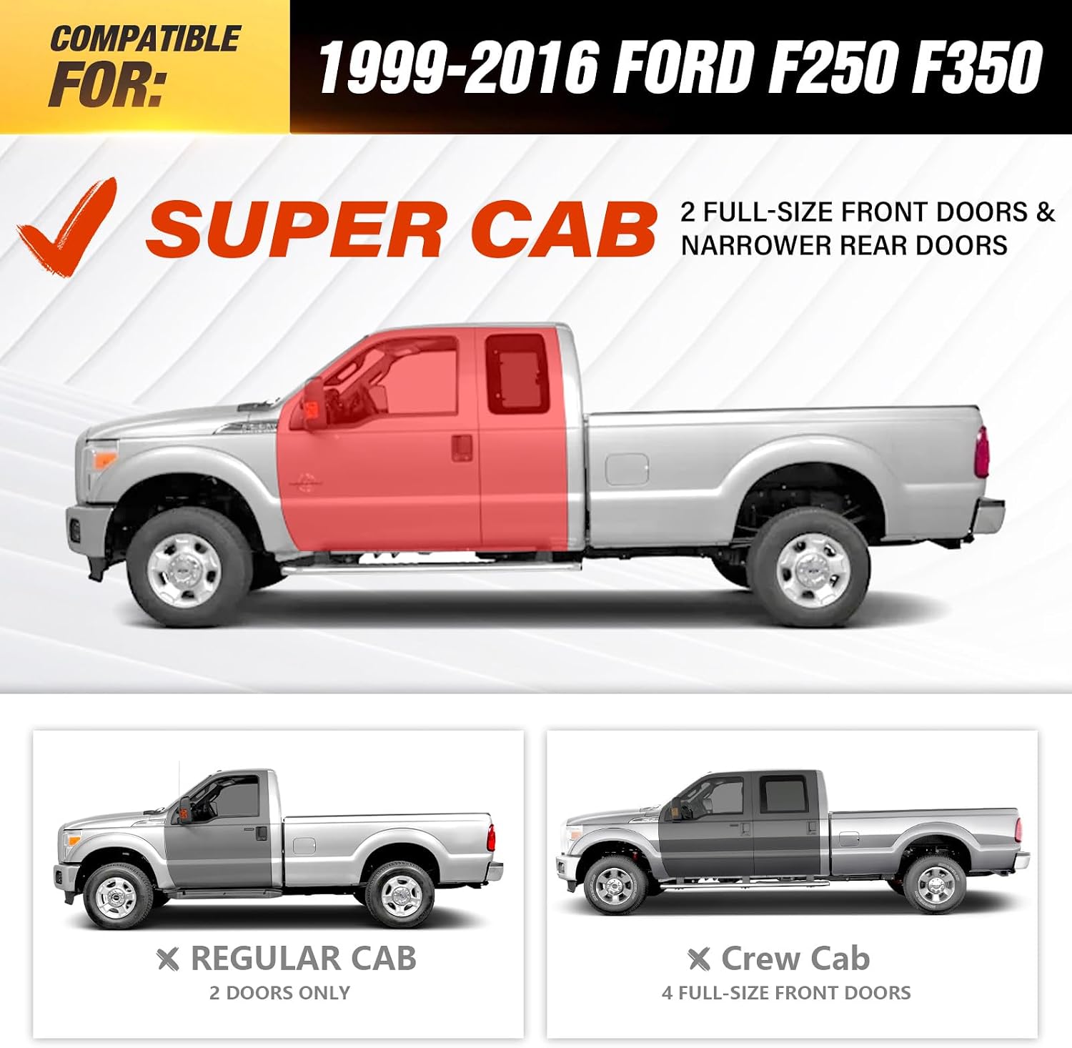 Three Raised Steps SuperCab Running Boards Compatible for 1999-2016 Ford F250 F350 Super/Extended Cab (2 Full Front & 2 Narrower Rear Doors) Side Steps, Nerf Bar Side Rails Rock Slider Black