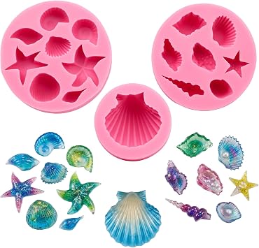 3Pcs Marine Silicone Fondant Molds, Starfish Coral Seashell Seaweed Turtle Shark Shape Baking Mold For Chocolate Candy Ice Canle Soap Cake Cupcake Decoration