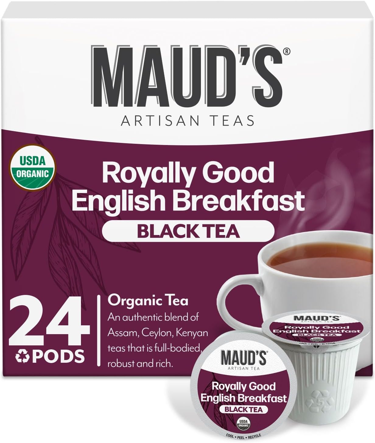 Maud's Organic English Breakfast Black Tea Pods, 24 ct, Single Serve Pods – 100% Gourmet Blended Tea Leaves, Compatible with Keurig K Cups Maker