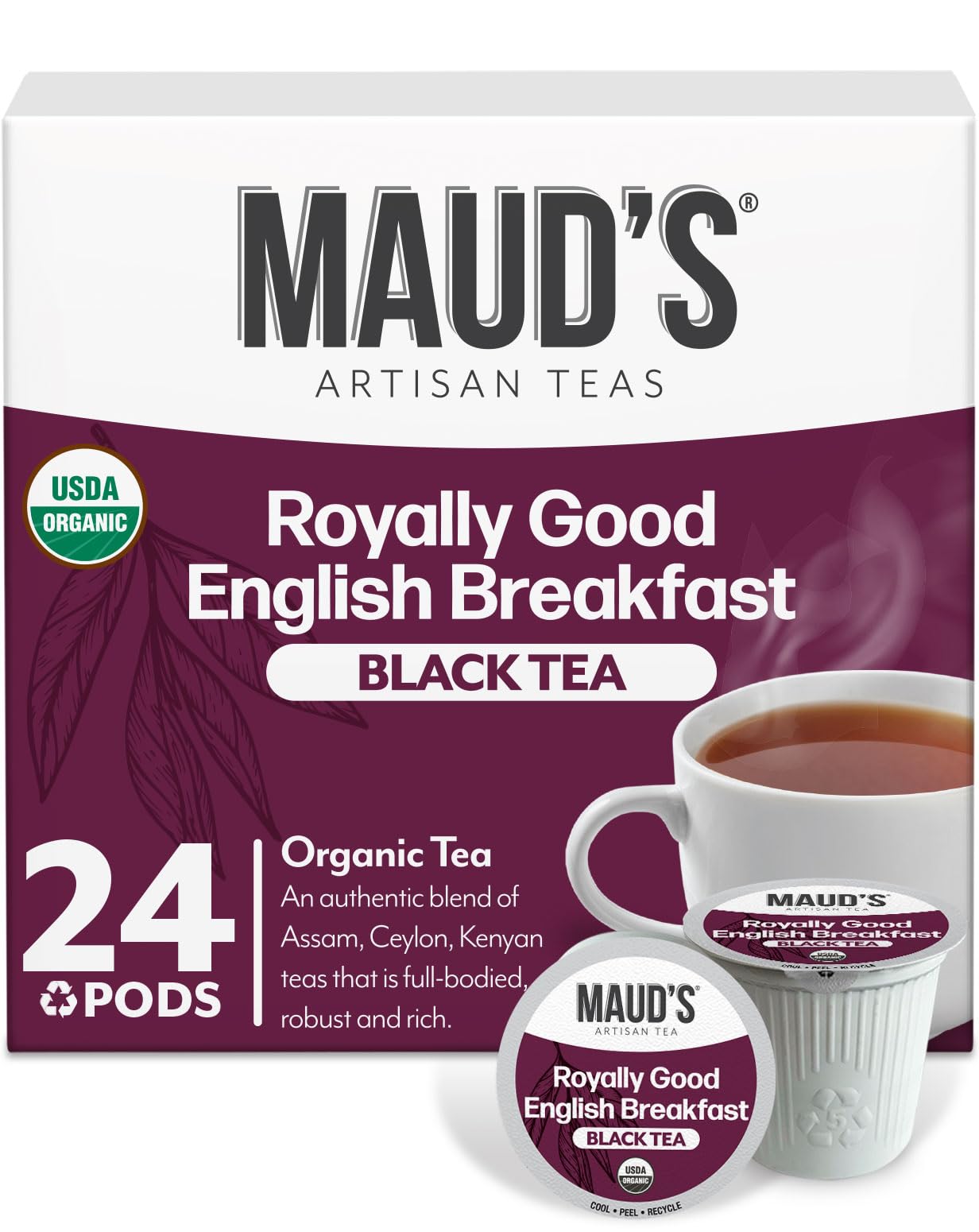 Maud's Organic English Breakfast Black Tea Pods, 24 ct, Recyclable Single Serve Pods – 100% Gourmet Blended Tea Leaves, Compatible with Keurig K Cups Maker