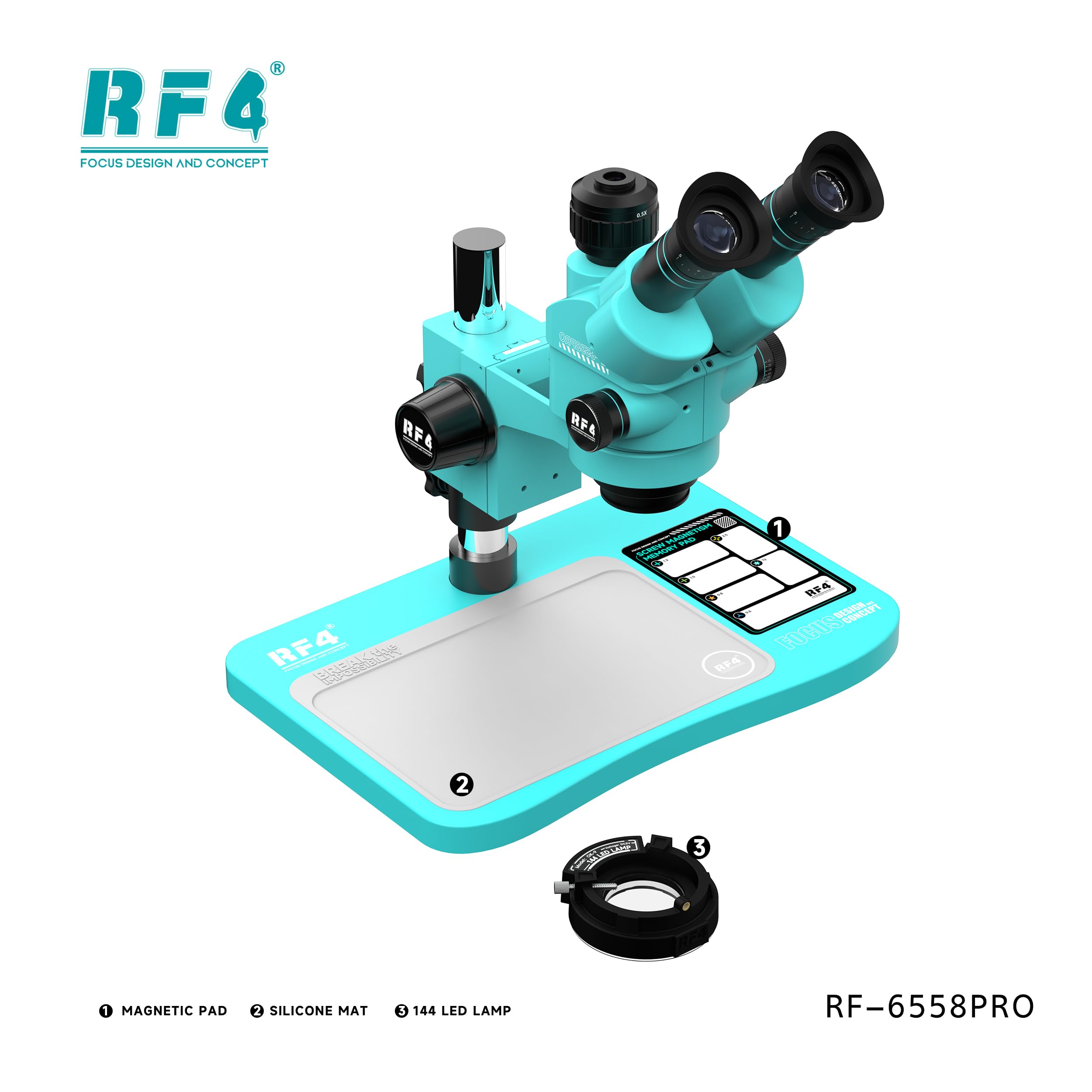 Microscopio stereoscopico trinoculare ultra HD 6558PRO con grande base, ingrandimento da 6.5X a 58X, per saldatura PCB e telefoni, microscopio a grande campo visivo (RF-6558PRO senza fotocamera)