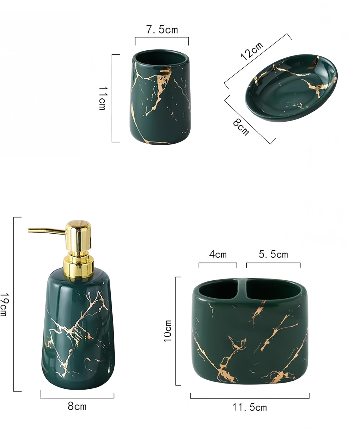 Ceramics Bathroom Accessories Set, Gold Marble Look Bathroom Decor,4 Piece Bathroom Set with Including Soap Dispenser, Mouthwash Cup, Soap Dish, Toothbrush Holder (White)