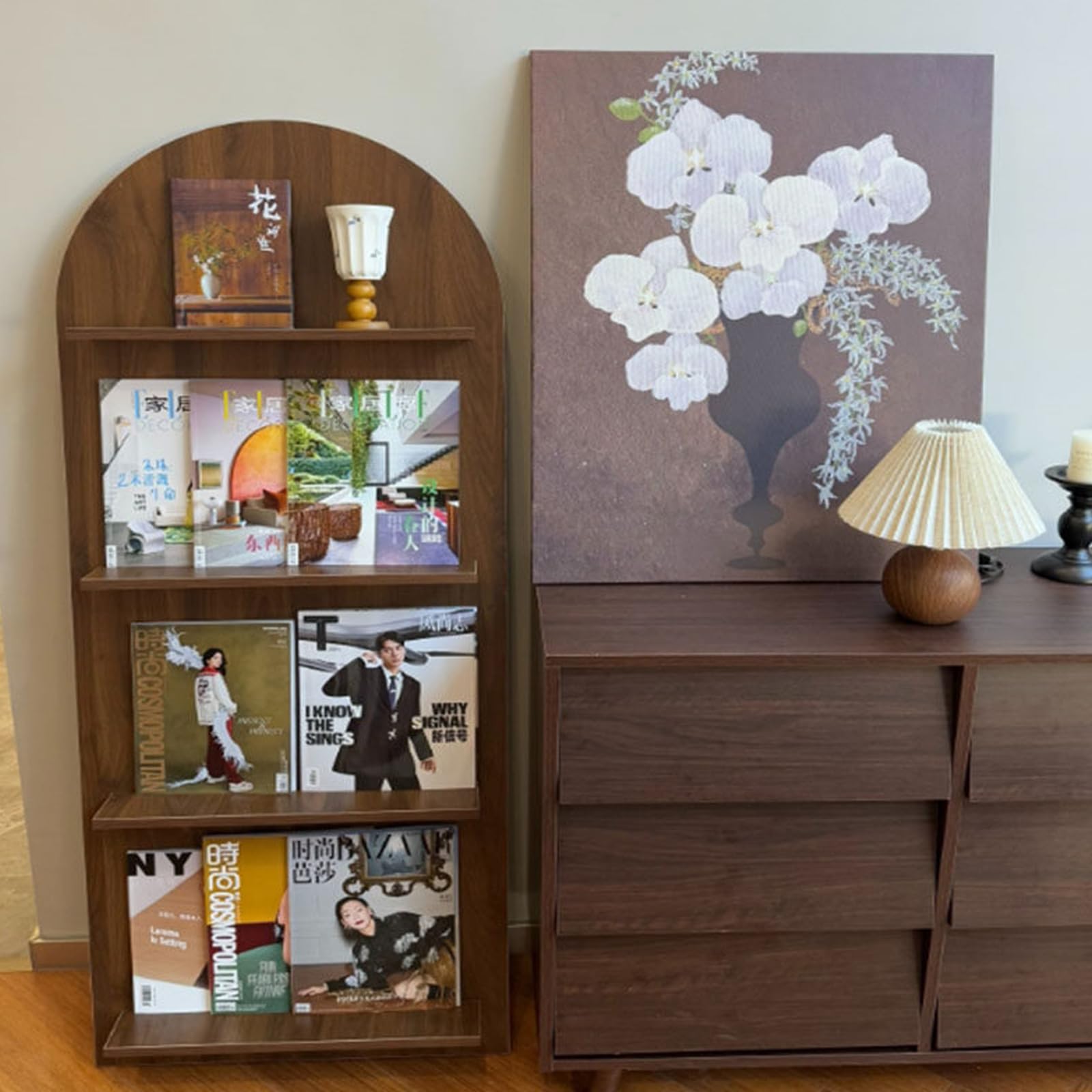 JSWHYBD Boden-Zeitschriftenständer, 4-stufiger Holz-Prospektständer, Freistehendes Regal Einfacher Stil für Zuhause Ausstellung Büro, 58x180 cm Black