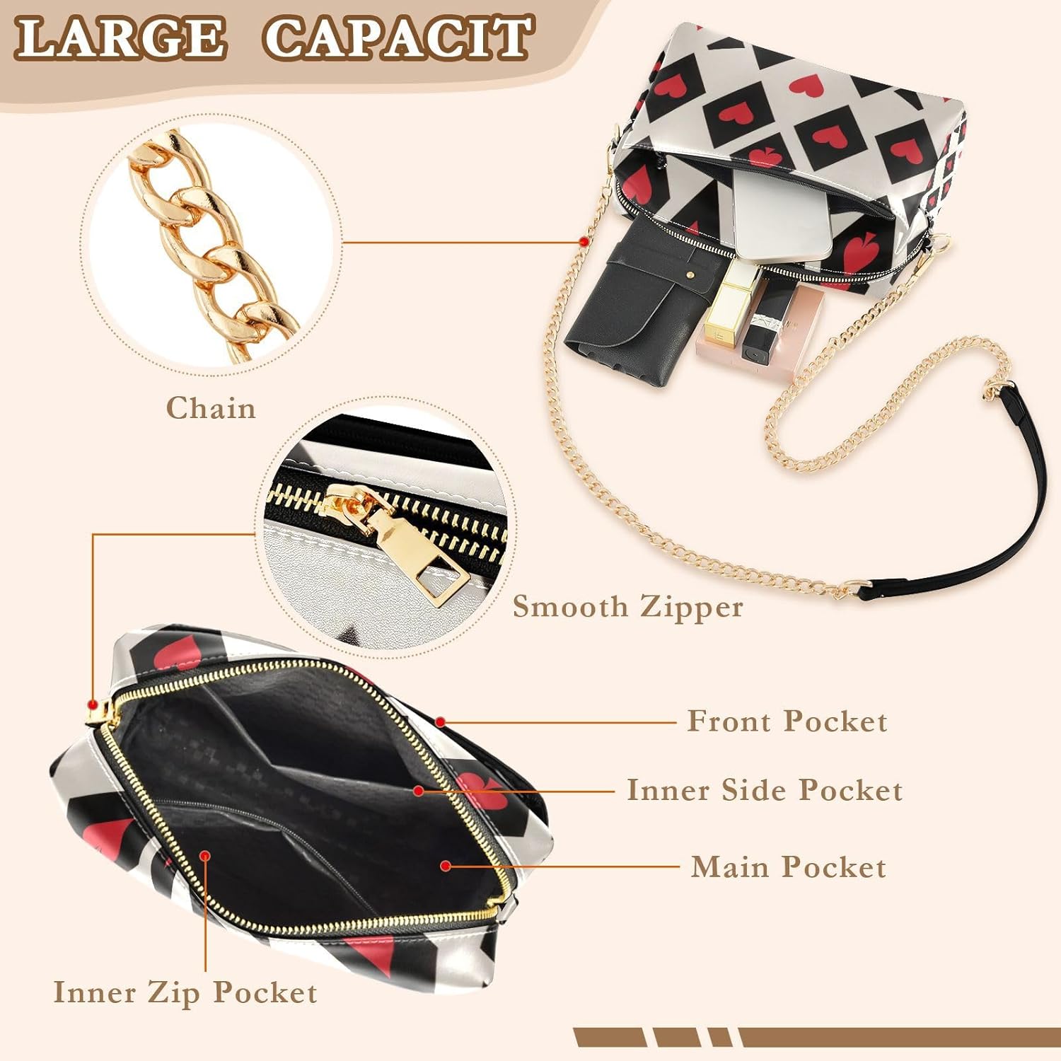 Red and Black Poker Diamond Grids Small Crossbody Bags For Women Vegan Leather Purse For Teens Waterproof Woman Handbag Shoulder Strap