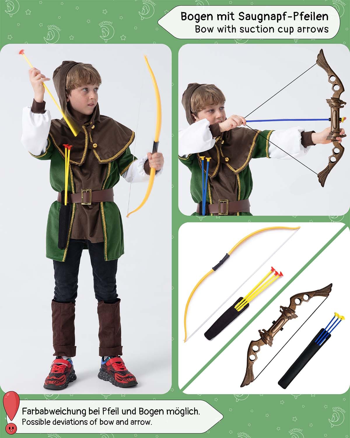 corimori Kinder Robin Hood Kostüm mit Pfeil und Bogen | Für Jungen & Mädchen | grün, braun