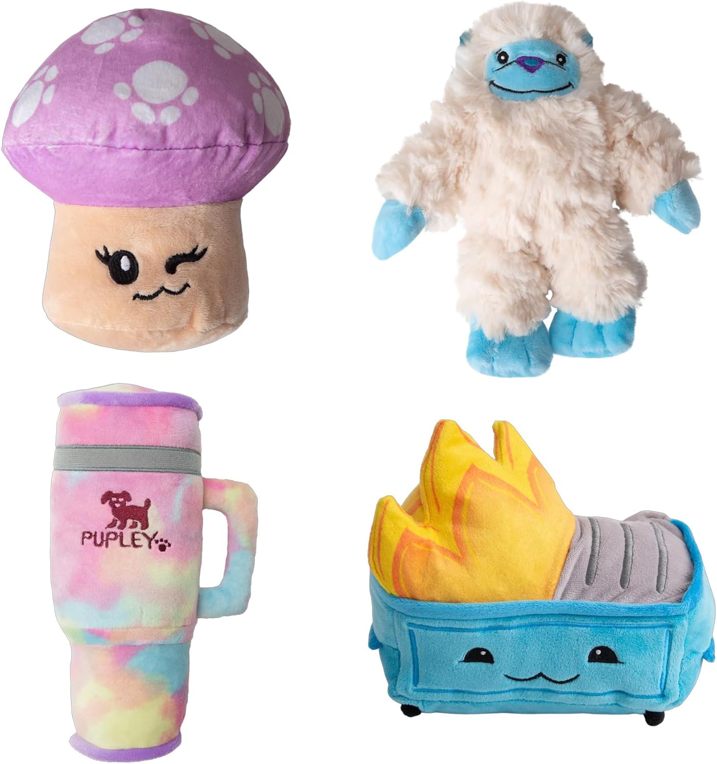 Snugarooz Plush & Crinkle Carnival Bundle for Medium Breeds – Magic the Mushroom, Dumpster Fire, Young Yeti & Pupley – Soft, Squeaky & Sensory Toy Play Pack