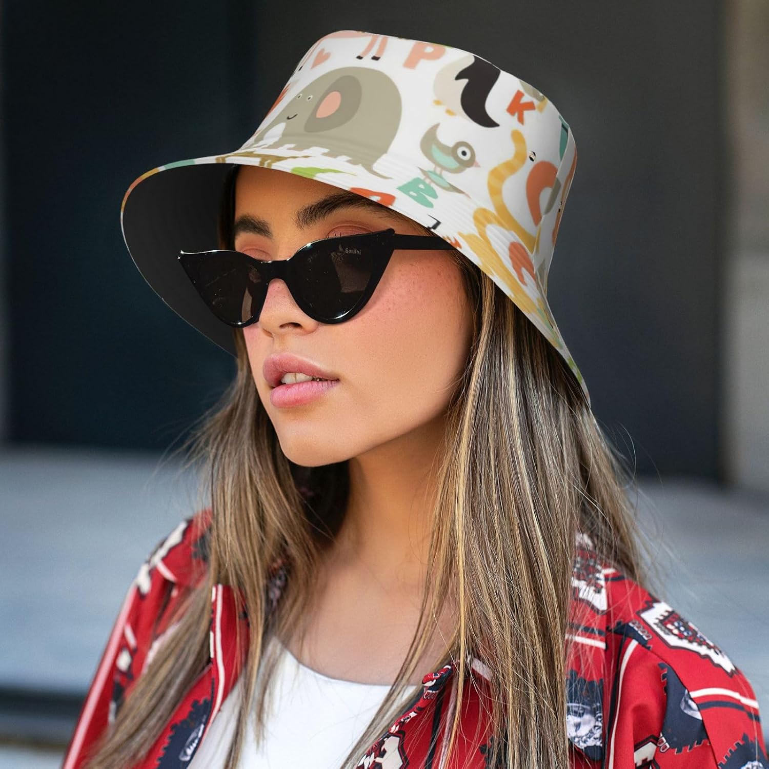 Bucket Hat Zoo Alphabet Animal Print Summer Sun Hat Trendy Beach Funny Fisherman Hat for Men Women Unisex Black