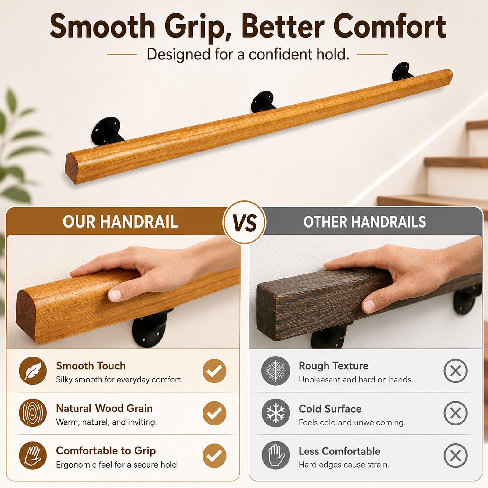 Wooden Handrails for Stairs Non-Slip Stair Banister with Brackets, 360cm - Image 5