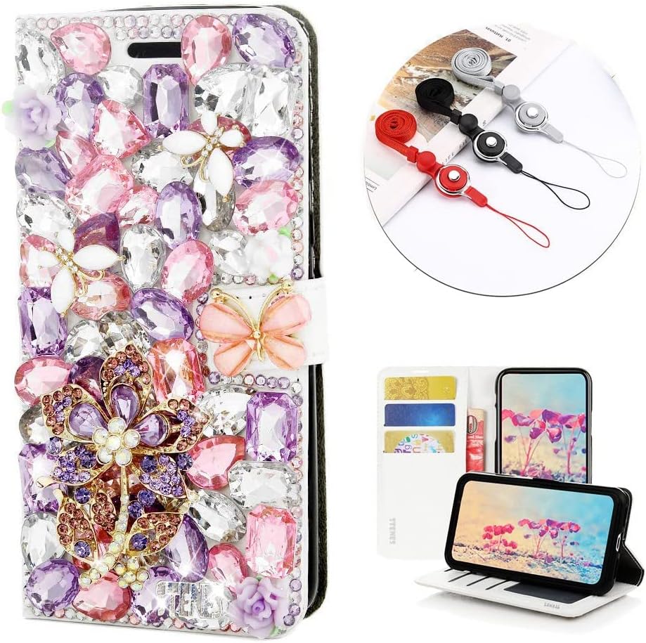 STENES Bling Wallet Phone Case Compatible with Moto G Stylus - Stylish - 3D Handmade Sunshine Flower Butterfly Leather Cover with Neck Strap Lanyard [3 Pack] - Purple