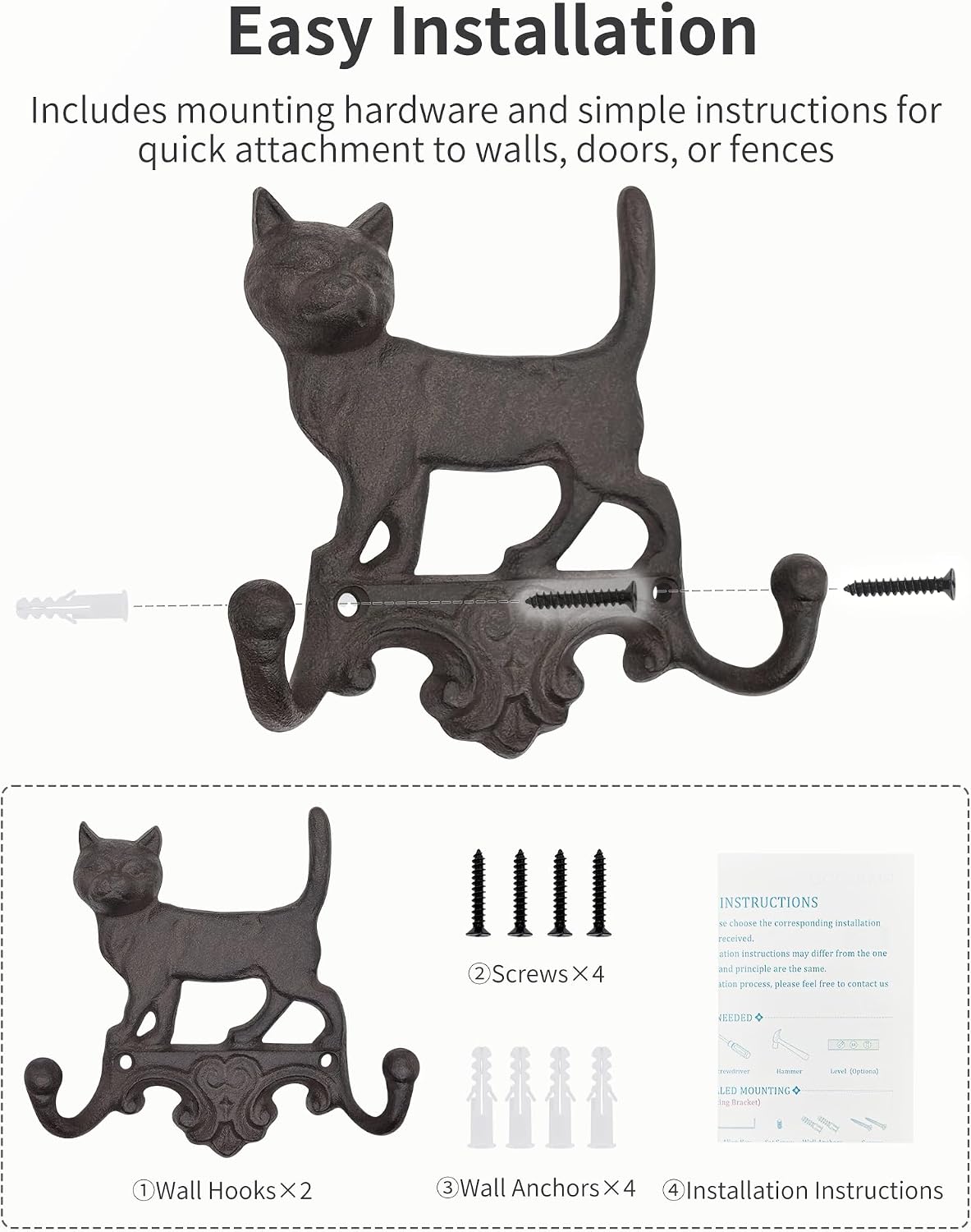 Cast Iron Cat Wall Hooks for Hanging, Decorative Heavy Duty Coat Hooks Wall Mount Key Hanger Leash Holder Vintage Farmhouse Entryway Mudroom Cute Animal Decor Rustic Brown 2 Pack image 3
